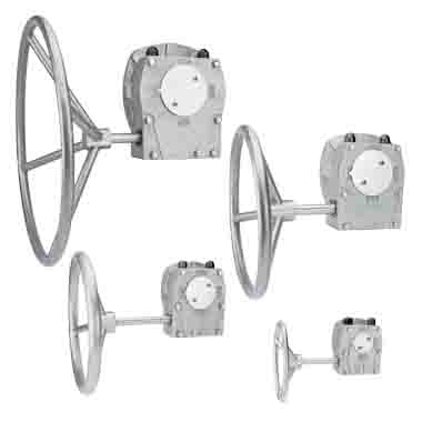 A set of industrial gearboxes in various sizes, each featuring a silver housing, and a large handwheel attached to a shaft