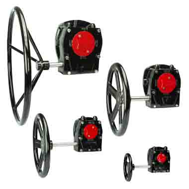 A set of industrial gearboxes in various sizes, each featuring a black housing, a red circular cover on the front and a large handwheel attached to a shaft