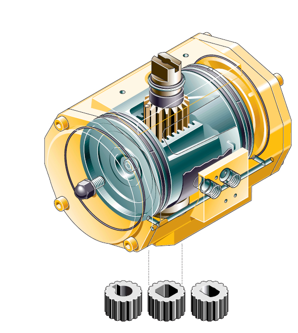 Cross-sectional illustration of a cylindrical rotary encoder housed in a transparent yellow casing, revealing the internal shaft, bearings, electronics, and sensing components. Three interchangeable shaft inserts with different bore shapes (round, square, and triangular) are shown below the encoder, connected by dotted lines to indicate compatibility.